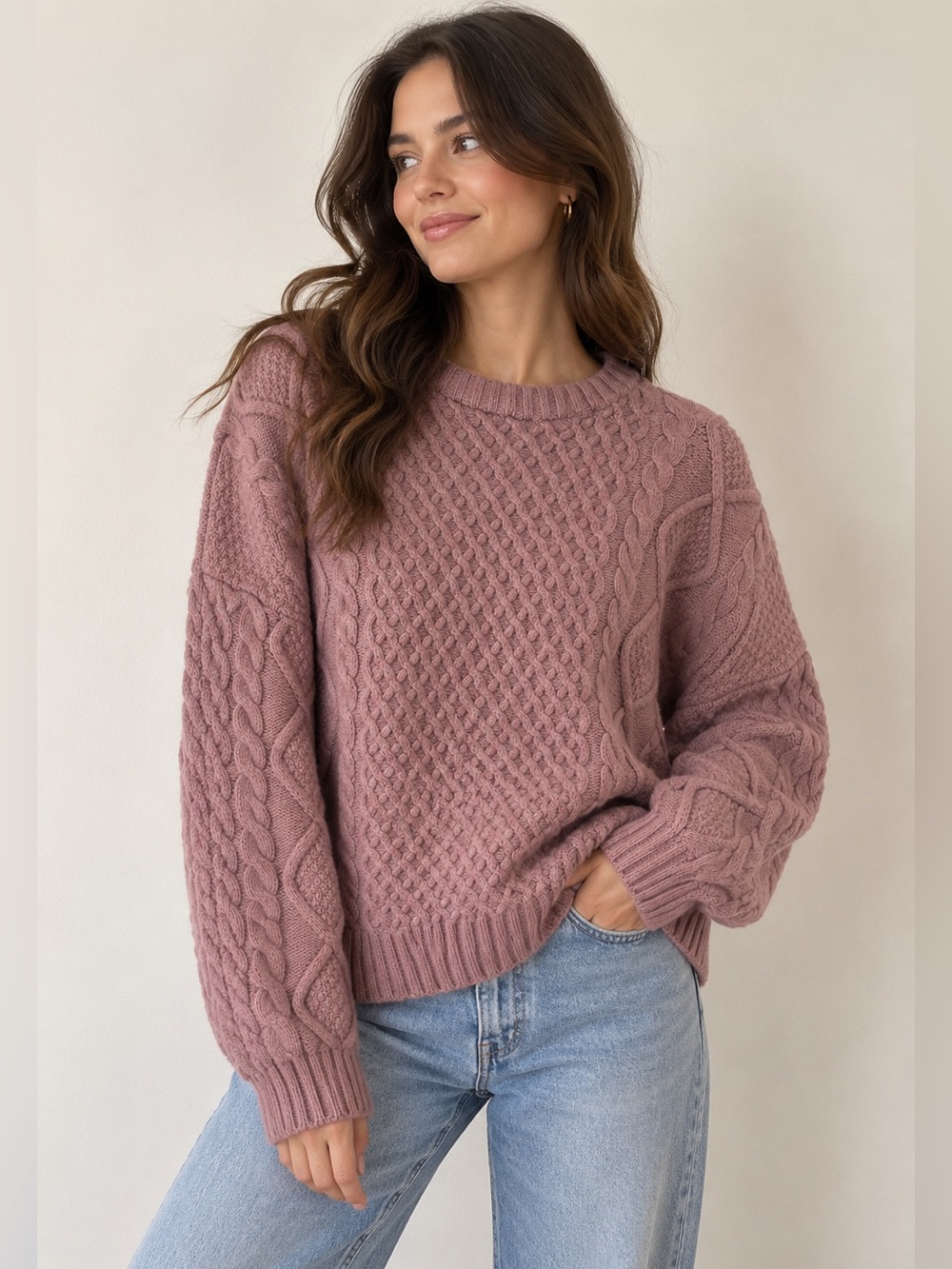 Aritzia Sunday Best Mauve Cable Knit Wool Blend Sweater size medium